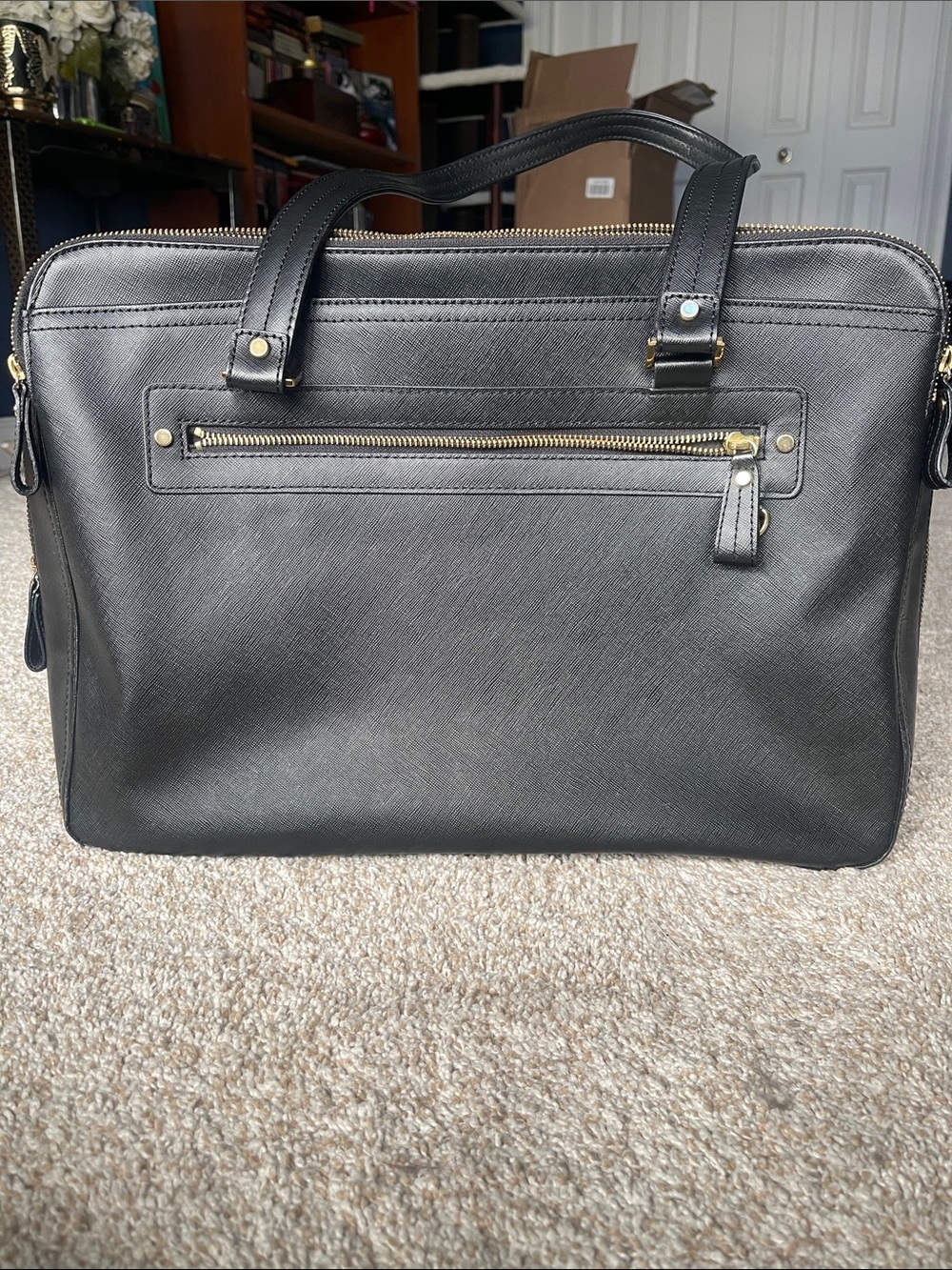 Unisex Levenger Black  Saffiano Leather Laptop Briefcase with Gold Hardware